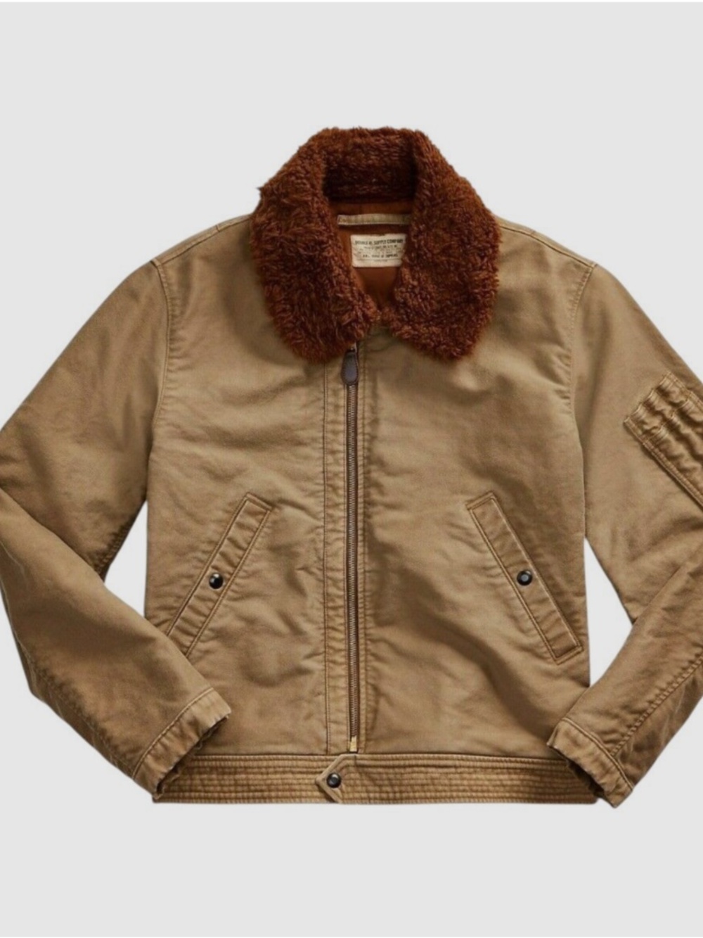 RRL Ralph Lauren Clayworth Jungle Flight Jacket L Khaki Shearling Style Collar M - Picture 9 of 14